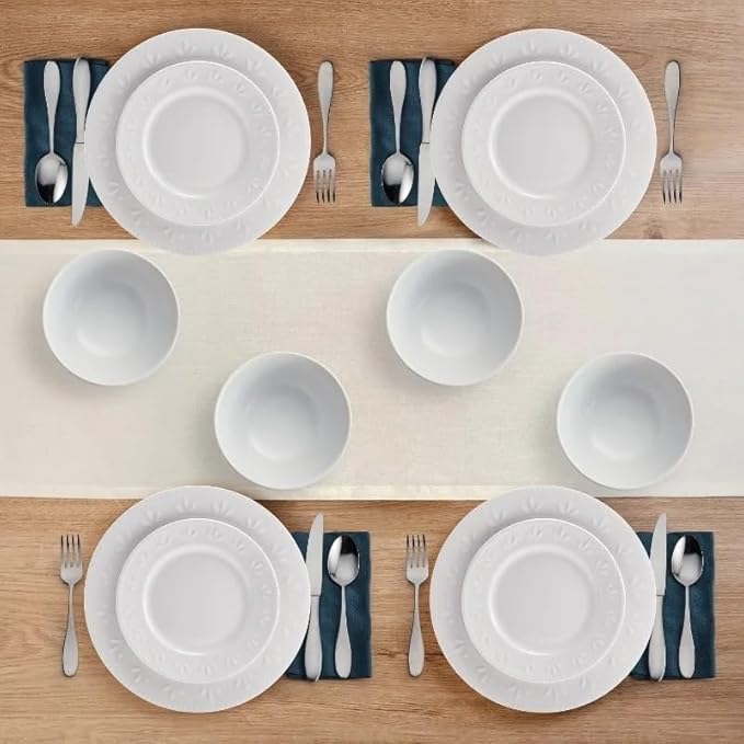 12-Piece Dinnerware Set Embossed Porcelain Plate Dessert Bowl Mug Dinner Plates