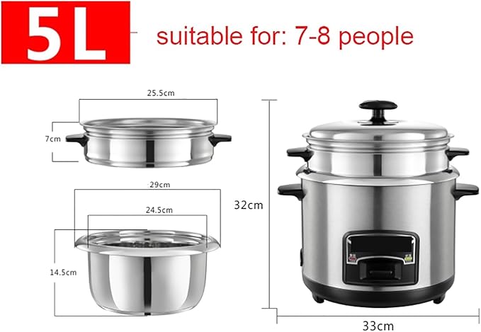 Portable Rice Cooker with Stainless Steel Inner Pot Steamer &amp Warm Functions Ideal for 1-11 People 2-6L Capacity(5L)