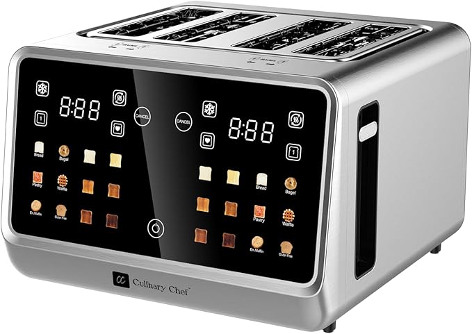 MAGNAVOX HOME Culinary Chef 4 Slice Smart Toaster Touchscreen Wide Slots- Bread English Muffins Croissants and Bagels 5 Adjustable Toast Settings Cancel/Defrost 6 Bread Types &amp Shade Sett