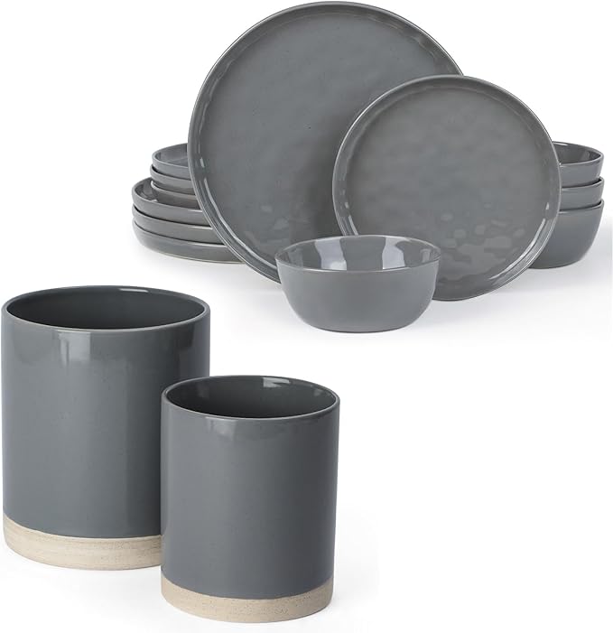 Famiware Mars Plates and Bowls Set of 12 and Milkyway Kitchen Utensil Holder for Countertop Set of 2 14 Pieces Dinnerware Sets Dark Gray