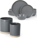 Famiware Mars Plates and Bowls Set of 12 and Milkyway Kitchen Utensil Holder for Countertop Set of 2 14 Pieces Dinnerware Sets Dark Gray