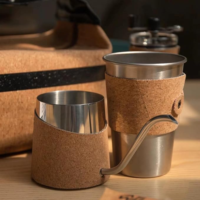 Pour Over Coffee Maker Set for Outdoor Camping Travel ALL in 1 Portable Stainless Steel Coffee Kits with Manual Coffee Grinder Gooseneck Kettle Cup Bean Pot