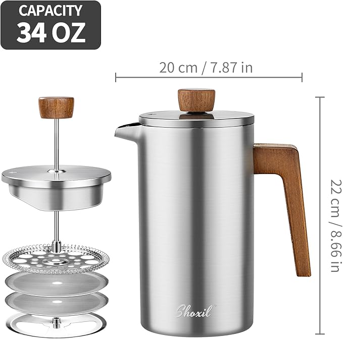 French Press Coffee Maker 34oz Stainless Steel Coffee Press Real Wood Handle Double Wall Insulated French Coffee Press with Dual-Filter Screen Perfect for Camping &amp Kitchen Use