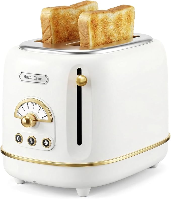 Hazel Quinn 2-Slice Retro Toaster 6 Browning Levels 3 Functions-Defrost/Reheat/Cancel Removable Crumb Tray for Easy to Clean 1.5 Inches Extra Wide Slots - Pearl White