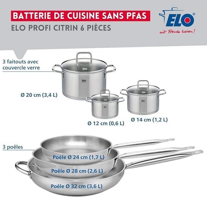ELO 9512450 Cookware Set 6-Piece 3-Piece Cookware Set 24 28 32 cm and 3 Saucepans 12 14 and 20 cm Elo Profi Citrine Stainless Steel Induction