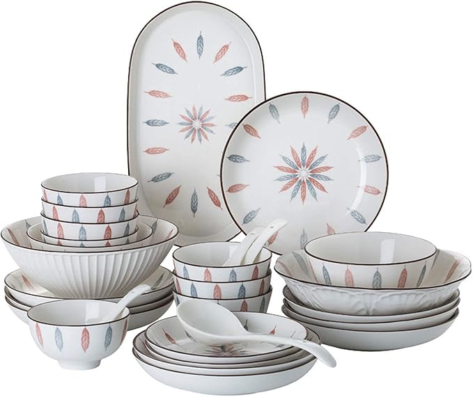 Ceramics Dinnerware Set Vertical Lines Cereal Bowl and Steak Plate | 46 Pieces Japanese Style Hand-Painted Porcelain Dinner Sets for Restaurant