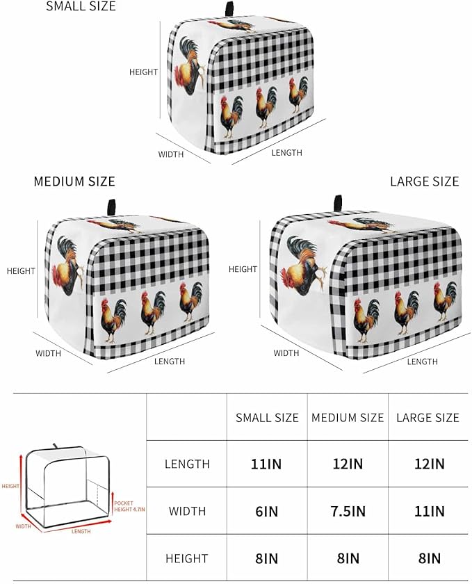 Toaster Dust Cover for Kitchen 4 Slice Rooster Summer Farm Style Black White Buffalo Plaid Bread Maker Covers Toasters for Fingerprint Protector Small Appliance Covers Accessories (12x11x8in)