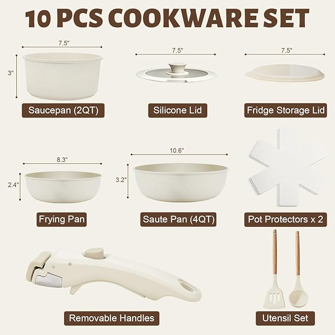 Numola 10 pcs Pots and Pan Set Non Stick with Detachable Handle Ceramic Cookware Set for Stackable Induction Kitchen Cookware Set for RV Dishwasher ＆ Oven Safe Cream White