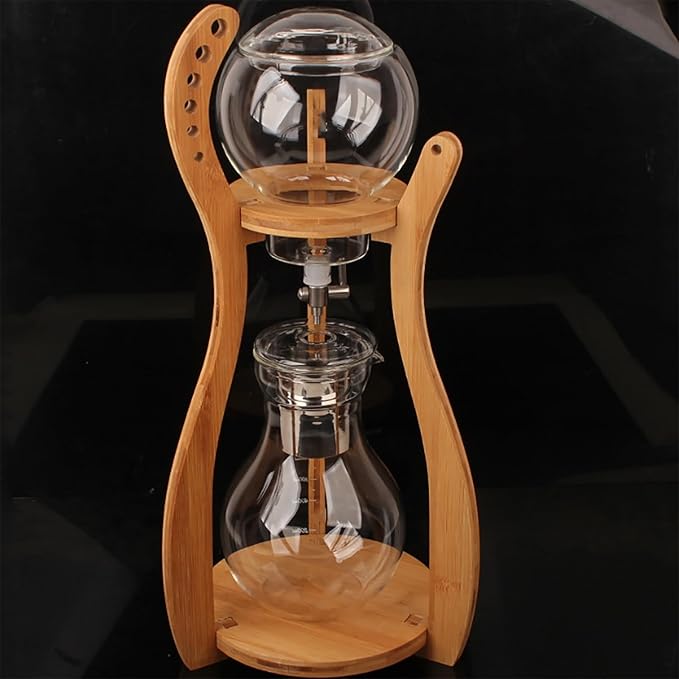 Wooden Support Drip Coffee Maker 800ML/27OZ Iced Coffee Brewer Maker with Stainless Steel Filter &amp Durable Glass Adjustable Water Flow Dripper 6-8 Cup Capacity Suit for Coffee Tea