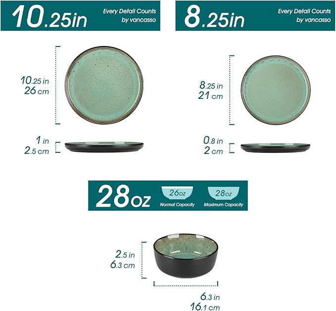 vancasso Plates and Bowls Sets 24 Pieces Stoneware Dinnerware Sets for 8 Kitchen Dish Set Mircowave and Dishwasher Safe Ceramic Dishware Turf Green Series AMBER