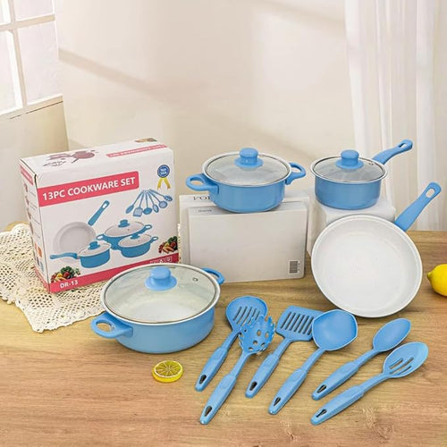 13 Piece Set Cookware Set Non-Stick Portable Lightweight Iron Pots and Pans with Glass Lids and Nylon Utensils for Outdoor Camping Picnic Travel Cookware