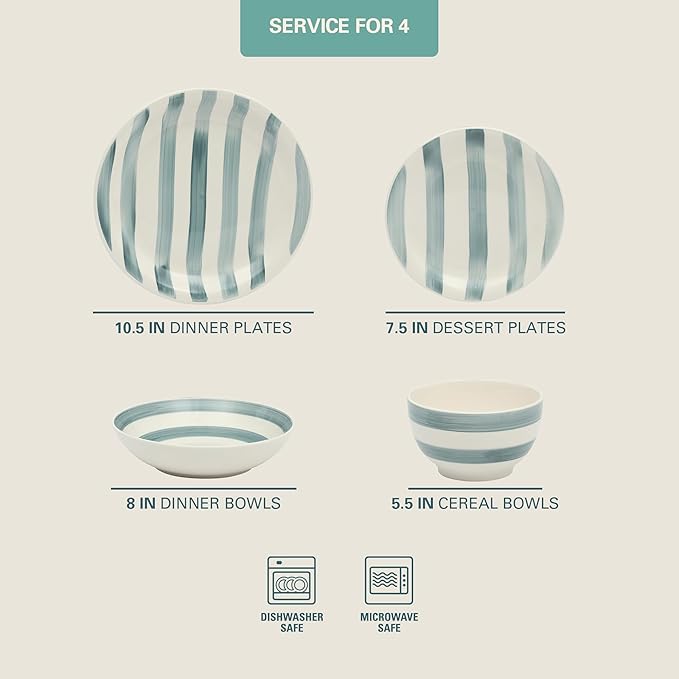 Gibson Home Kenwood Shores 16 Piece Dinnerware Set Blue Striped Hand-Painted Stoneware Dishes Plates and Bowls Service for 4 Microwave &amp Dishwasher Safe