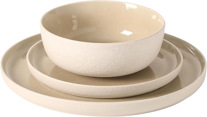 Gibson Elite Tahoe Sunset 12-Piece Reactive Stoneware Dinnerware Set – Matte Exterior &amp Shiny Interior Plates and Bowls Durable Everyday Dish Set Microwave &amp Dishwasher Safe - Taupe