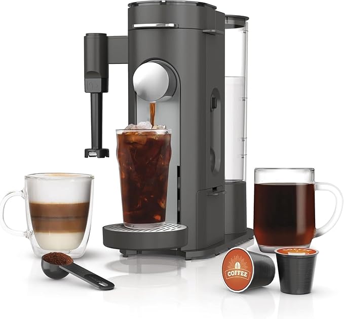 Single-Serve Coffee Maker Pods &amp Grounds 4 Brew Styles: Classic Rich Over Ice Specialty Compact Frother 6-24 oz Brew Sizes Travel Mug Friendly Gray PB050