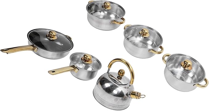 GLOGLOW Cookware Set Stainless Steel Cookware Set 17-Piece Nan Kitchen Tools (Gold Handle with Kettle)
