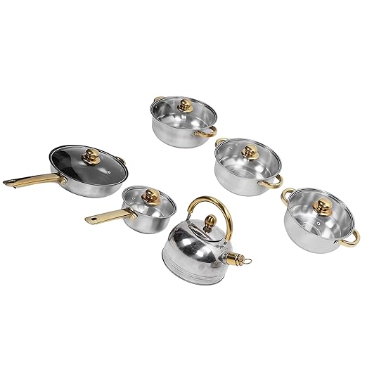 Pots and Pans SetPremium Stainless Steel Cookware Set - Proof and Stick Proof Pan and Pot Set with Gold Handles and Kettle - Ideal for Home Kitchens and Restaurants (Gold Handle with Kettle)