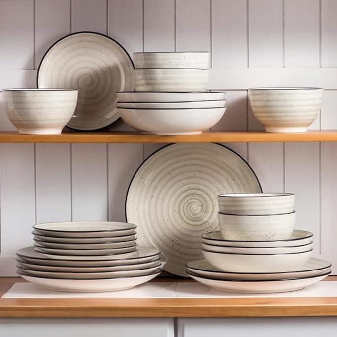 24 Piece Stoneware Elegant Modern Dinnerware Sets Service For 6 | Dishwasher Microwave Oven Safe Stackable Chip &amp Scratch Resistant Unique Handcrafted Design Aesthetic Cream Beige Color Durable