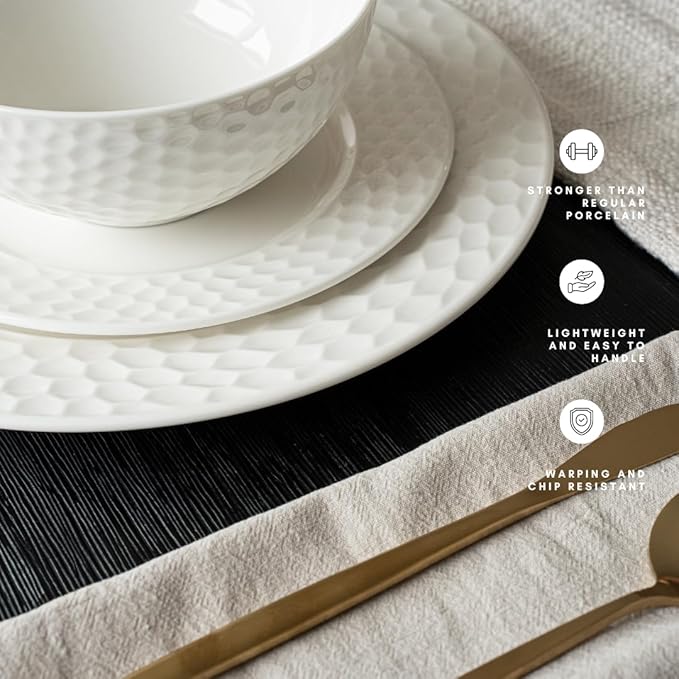 New Bone China 12 Piece Dinnerware Set Santorini Collection (Honeycomb) White Daily Use China Embossed Tableware Service for 4