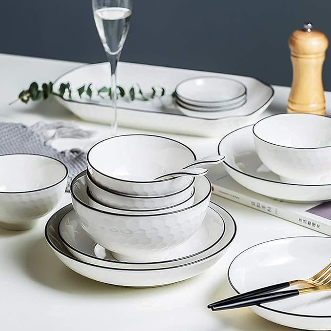 Dinnerware Set Plates and Bowls Sets 42 Pieces Black Line Stroke Porcelain Dinnerware Combination Set | Bump Texture Plates And Cereals Bowls Sets