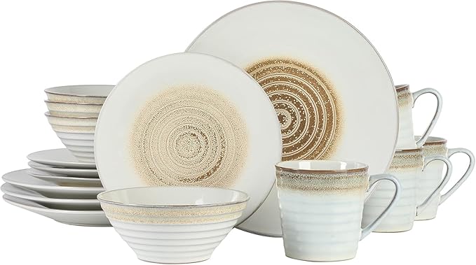 Spiral Embossed 16 Piece Stoneware Dinnerware Set – Rustic Reactive Glaze Plates Bowls &amp Mugs Microwave &amp Dishwasher Safe (Taupe)