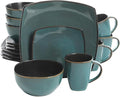 Modern Matte Glaze Square Dinnerware Set - 16 Piece Stoneware Service for 4 Dishwasher &amp Microwave Safe Teal Finish (Teal)