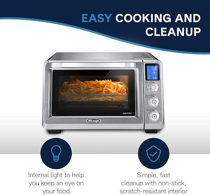 De'Longhi 10-in-1 Digital AirFryer 24L True Convection Toaster Oven with Internal Light Grills Broils Bakes Roasts Reheats Preset for Cookie &amp Pizza 1800-Watts Stainless Steel
