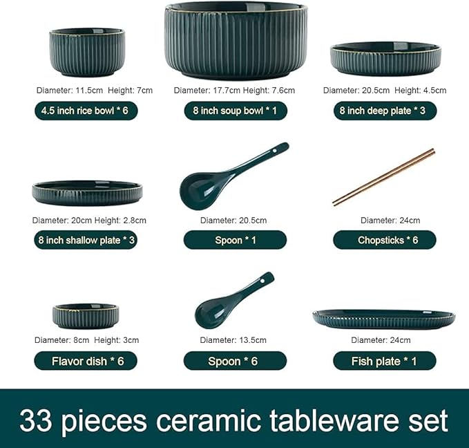 Dinnerware Sets - Luxury Dishes Service Set Ceramics Dinner Sets Bowl/Dish/Spoon|Green Gold Rim Pattern Dinnerware Set Porcelain Combination Set