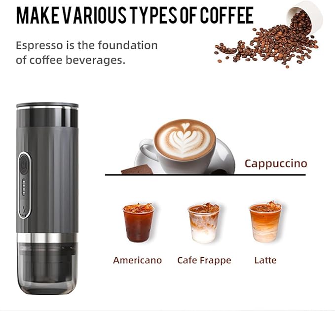 HURRISE Portable Espresso Machine 3-in-1 Cordless Coffee Maker Compatible with Capsules and Ground Coffee Electric Italian Espresso Machine for Car Home Office Travel Camping