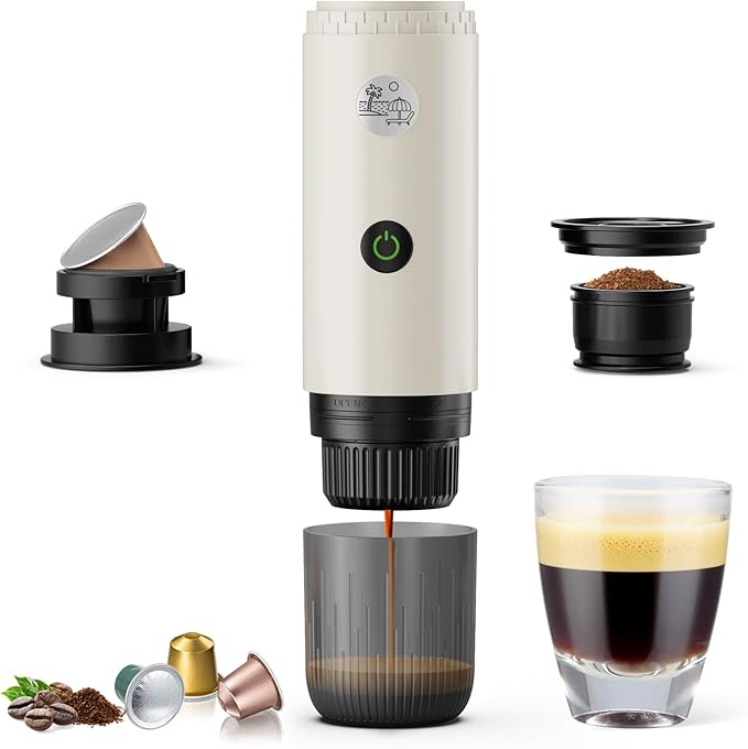 Portable Espresso Machine Travel Coffee Maker for Camping Car Coffee Maker Self-Heating with USB-C 2 in 1 With Ground Coffee &amp NS Capsule for RV Hiking OfficeChristmas Gifts for Men(White)