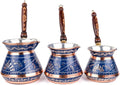 Hand Hammered Copper Turkish Coffee Pot Set Erzincan Style 3-Piece (8-6-4 Person) Traditional Coffee Maker Blue Color for Authentic Turkish Coffee - Blue One Size