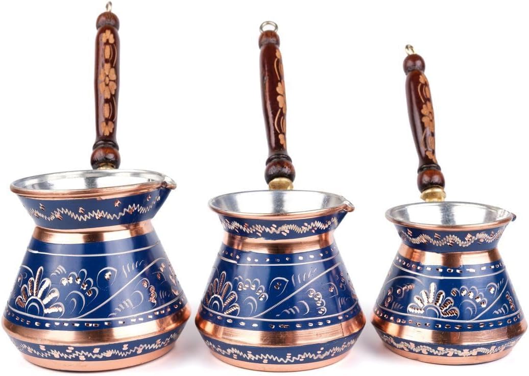 Hand Hammered Copper Turkish Coffee Pot Set Erzincan Style 3-Piece (8-6-4 Person) Traditional Coffee Maker Blue Color for Authentic Turkish Coffee - Blue One Size
