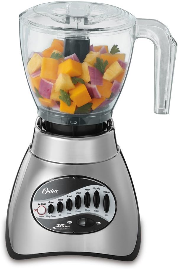 Oster Classic Series 16-Speed Blender with Food Chopper &amp 5-Cup Glass Jar Countertop Kitchen Blender Brushed Nickel
