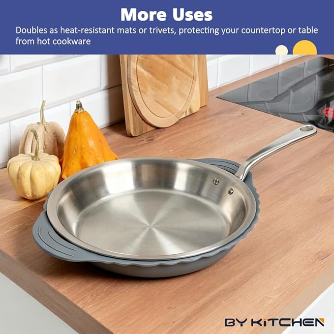 BYKITCHEN 3PCS Silicone Pan Protectors with 6PCS Felt Pan Pot Separators Dividers Pads for Stacking and Protecting Your Cookware Compatible with Hexclad Cookware Set Tfal Nonstick Frying Pans &ampM