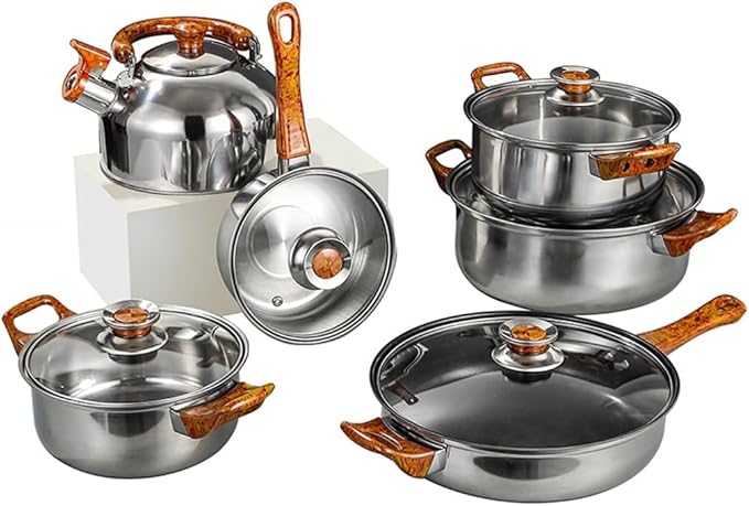 Cookware Kitchen Ware Export Wood Grain Detachable Handle Stainless Steel 12 Piece Set Non Stick Pot Set