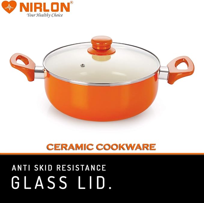 NIRLON Non-Stick Induction Ceramic Casserole and Kadhai with Glass Lid - Set of 2 (Orange)