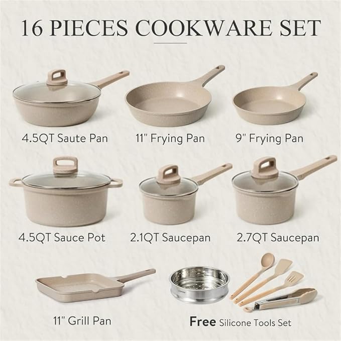 Pots and Pans Set Non Stick 16Pcs Kitchen Cookware Set Stackable Induction Cookware Pot and Pan Set Pans for Cooking16 Pcs Taupe GranitA
