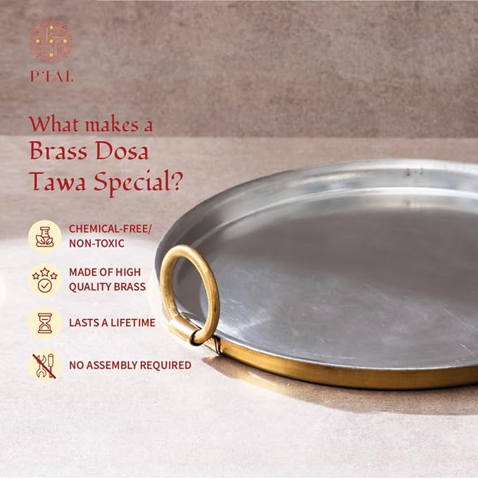 P-TAL Set of Brass Dosa Tawa + 250ml Brass Ghee Pot with Spoon Cookware Set Non-Toxic and Teflon Free Combo Ptal Utensils 12 in Dosa Tawa and 250 ml Golden