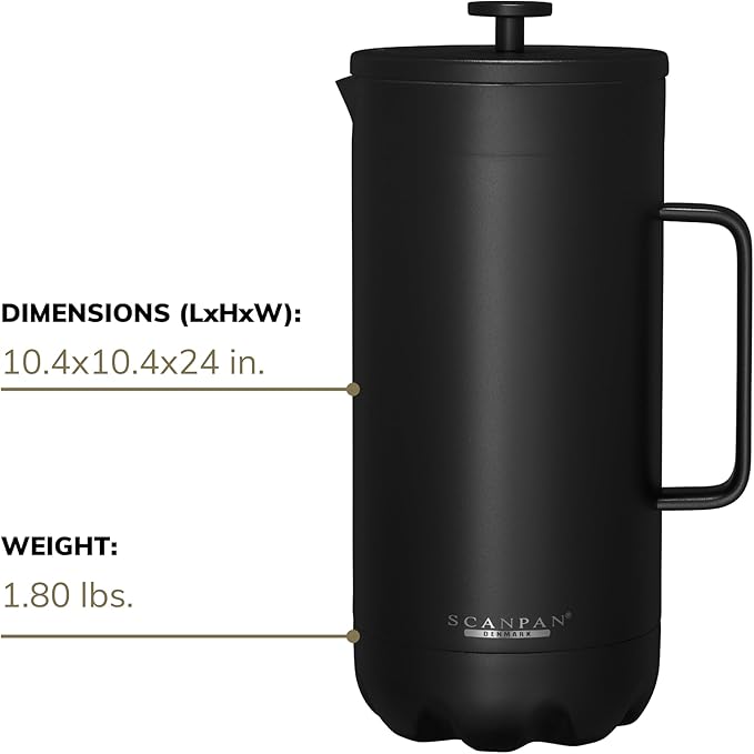 Scanpan TO GO French Press Coffee Maker 1.0L (Black) + 4 Vacuum Cups 250 mL (Black) - 18/8 Food Grade Stainless Steel - Scratch-Free Coating - Dishwasher Safe