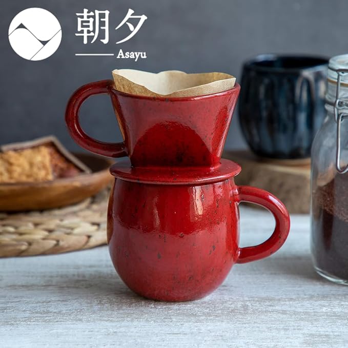 Asayu Japan Ceramic Coffee Pour Over Maker Set in Chrome Red Slow Brewing Paper Filter Holder and Dripper with 3 Holes for Coffee and Tea (Complete 2PCS Set)