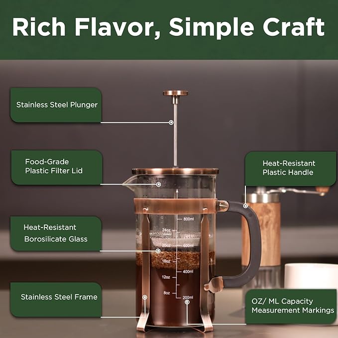 French Press Coffee Maker 34 Ounce 1 Liter Stainless Steel Cold Brew Heat Resistant Borosilicate Glass Espresso Coffee &amp Tea Maker with 4 Filter