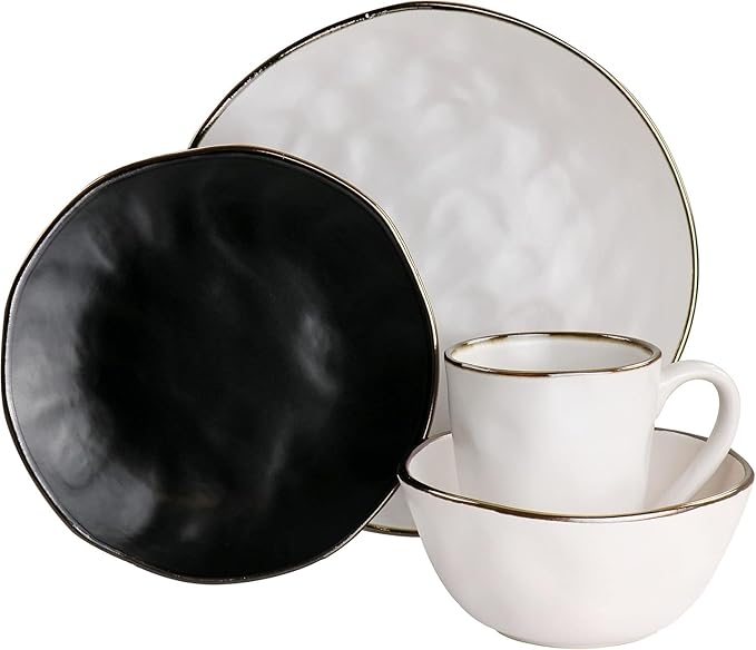 Modern 16 Piece Stoneware Dinnerware Set with Gold Rim – Textured Matte White Black &amp Assorted Colors – Microwave &amp Dishwasher Safe Plates Bowls Mugs for 4 (Matte Assorted)