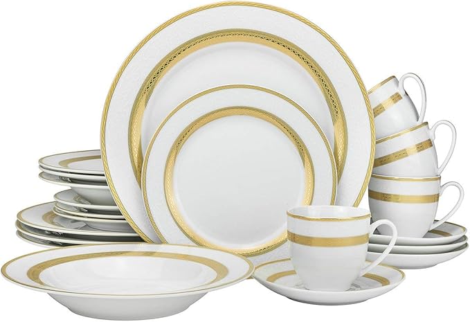 Royalty Porcelain Queen 20-Piece White &amp Gold Dinnerware Set 24K Gold-Plated Fine Porcelain Service for 4