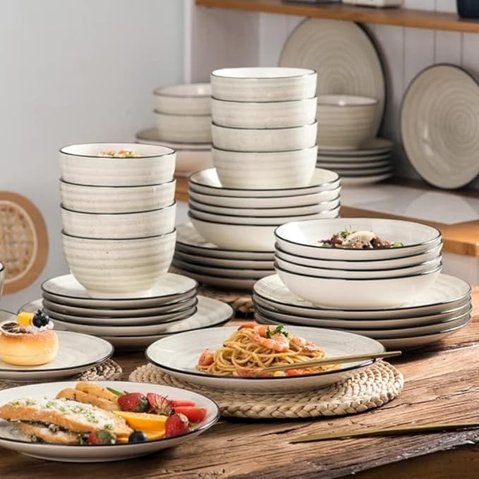 24 Piece Stoneware Elegant Modern Dinnerware Sets Service For 6 | Dishwasher Microwave Oven Safe Stackable Chip &amp Scratch Resistant Unique Handcrafted Design Aesthetic Cream Beige Color Durable