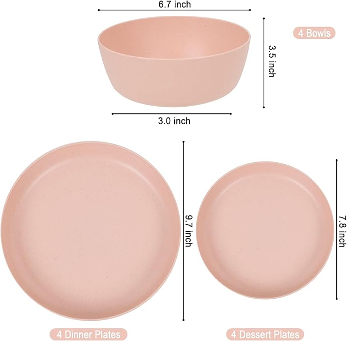 EI 12pcs Pink Wheat Straw PlatesWheat Straw Dinnerware Set for 4Plates and Bowls SetsPlastic Plate ReusableUnbreakable Plastic Plate MelamineCamping Family Dishes Set