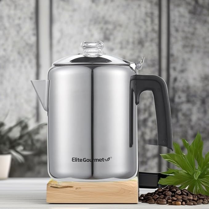 Elite Gourmet EC008 Classic Stovetop Coffee Percolator Glass Clear Brew Progress Knob Cool-Touch Handle Cordless Serve 8-Cup Stainless Steel