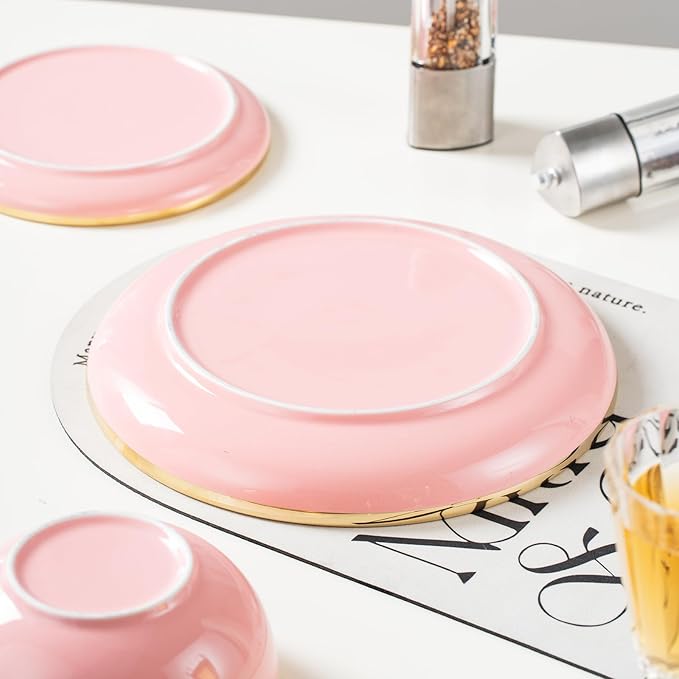 Stoneware Tableware Set for 4 Ceramic Dinnerware Sets with Gold Trim Including 10.5 Dinner Plates 7.75 Dessert Plates 6 Dinner Plates and 14oz Coffee Cups Porcelain (Pink Glod)