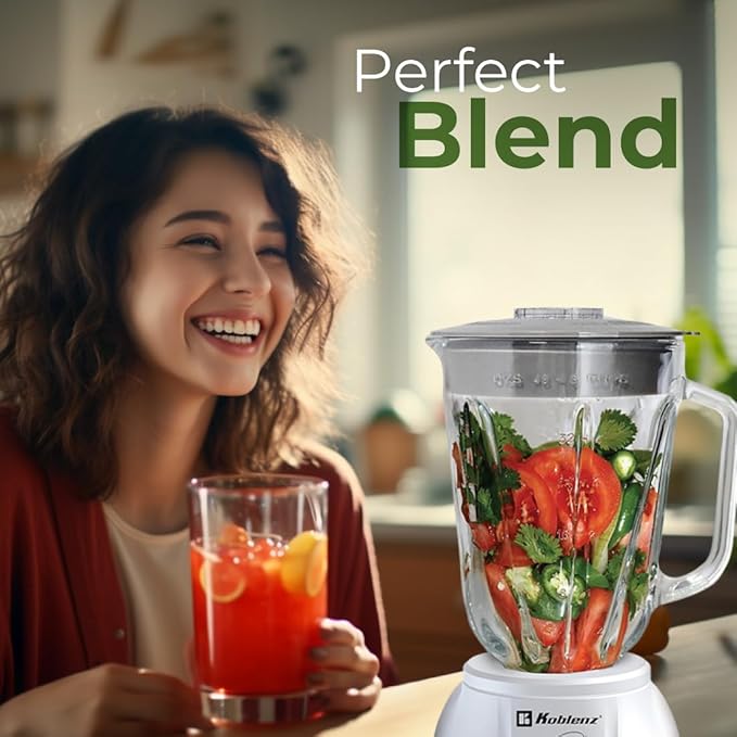 Koblenz 51-oz Glass Jar Blender 10 Speed and 2 Pulse Blender Countertop Blender with Stainless Steel Blades Perfect for Shakes and Smoothies 500-Watt Motor White LKM-5910 VB