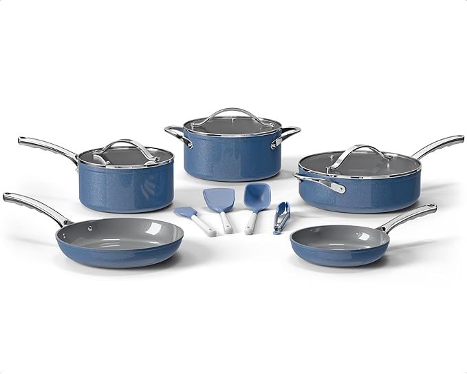 Bakken 12-Piece Aluminum Cookware Set with Ceramic Nonstick Coating PTFE &amp PFAS Free All Stovetop Safe Up To 500°F Pots and Pans Set with Lids Silicone Utensils Included Dishwasher Safe Blue