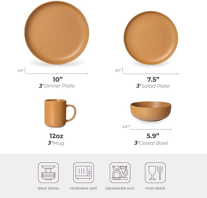 Plates and Bowls Sets 12 Pieces Stoneware Dinnerware Sets with Mugs Stackable Matte Glaze Kitchen Stoneware Plates and Bowls Set for 3 Microwave and Dishwasher Safe(Orange)