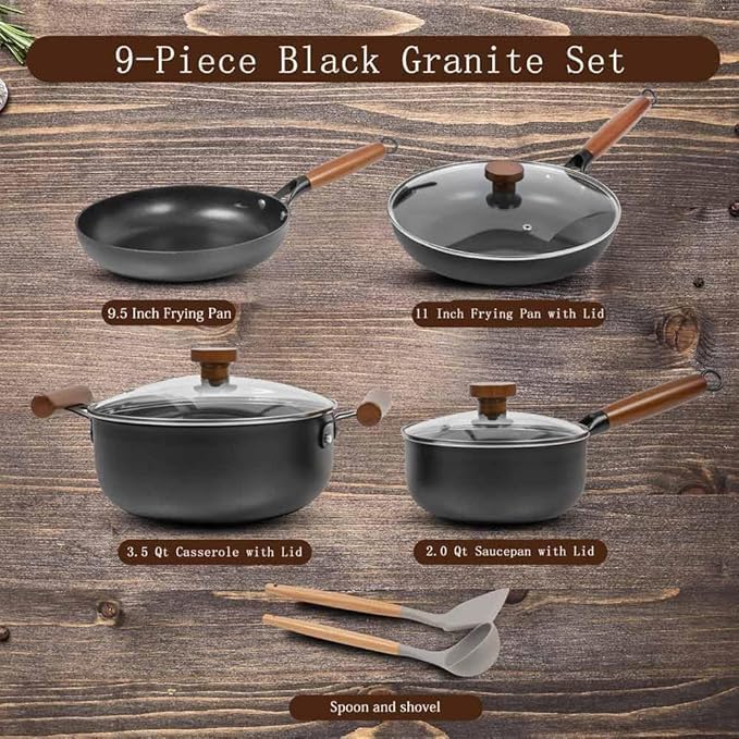 AUDANNE Nonstick Pots and Pans Set 9 Pieces Non Stick Kitchen Cookware Cooking Skillets Include Frying Pan with Lid Saucepan Casserole Spoon Turner Spatula PFOA Free for Induction Black
